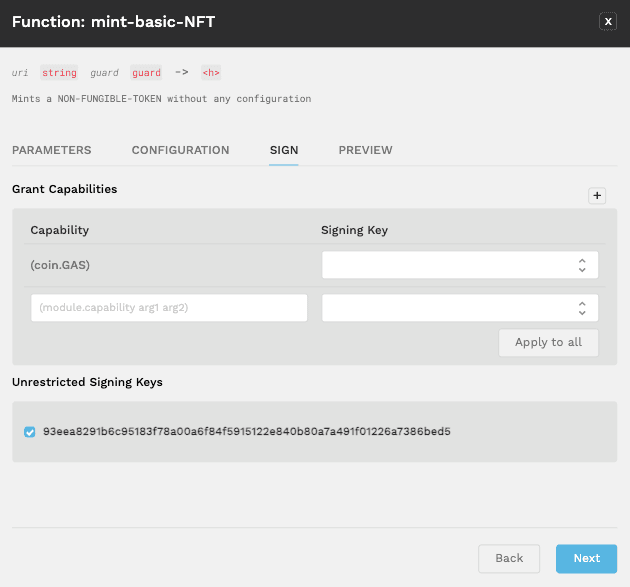 Select the key for unrestricted signing